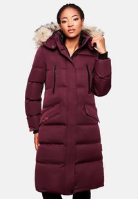 Maroon puffer coat with a fur-lined hood, featuring diagonal front pockets, a zipper closure, and quilted texture.