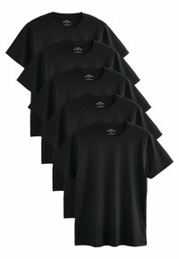 Sorte bomulds t-shirts med korte ærmer, rund halsdesign, med en glat tekstur. Fem t-shirts er stablet i en række.
