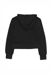 Hoodie nero corto con maniche lunghe e polsini a costine, mostrato di spalle su uno sfondo bianco.