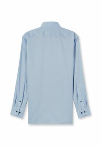 Hellblaues Langarmhemd mit kleinem schwarzen Punktmuster, klassischem Kragen und geknöpften Manschetten. Glatter Stoff mit regulärer Passform.