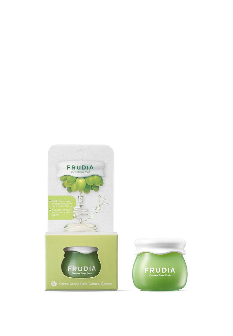 Crema per il controllo dei pori FRUDIA Green Grape in un piccolo barattolo rotondo, traslucido e verde con un coperchio bianco. Il packaging presenta vivaci grafiche di uva verde.