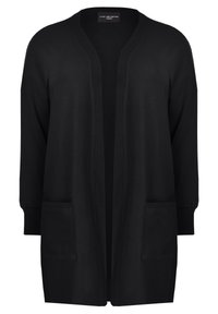 Svart cardigan med öppen framkant och avslappnad passform, med ribbade detaljer och två framfickor. Tillverkad av ett mjukt, lätt material.