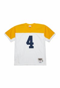Yellow and white short-sleeve sports jersey with navy number 4 on front and a patch label near the bottom hem.