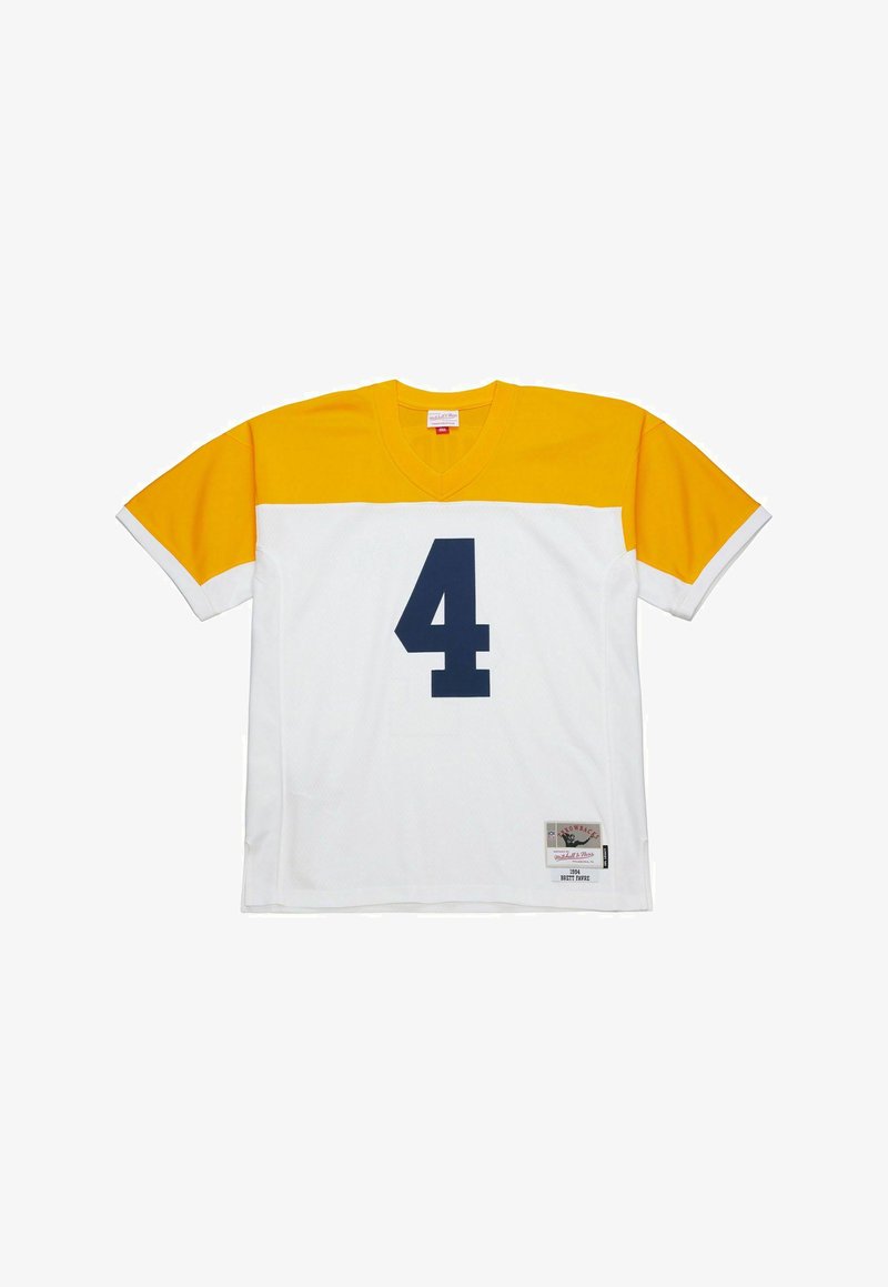 Maglia sportiva a maniche corte gialla e bianca con il numero 4 blu sulla parte anteriore e un'etichetta patch vicino all'orlo inferiore.