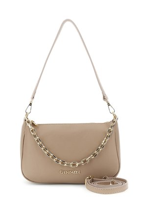 Sac à main en cuir beige avec détail chaîne dorée, bandoulière amovible et logo doré "CAFENOIR" sur le devant.