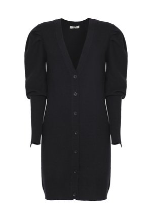 Schwarzes Strickkleid mit V-Ausschnitt, Knopfleiste und puffierten kurzen Ärmeln. Rippstruktur und taillierte Silhouette. Einfaches und klassisches Design.