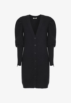 Zwarte cardigan jurk met een V-hals, knoopsluiting aan de voorkant en geplooide korte mouwen. Ribbelstructuur en aansluitende pasvorm. Eenvoudig en klassiek ontwerp.