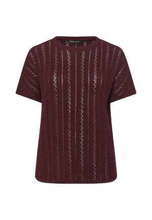 Short-sleeve burgundy knit top with vertical openwork pattern and round neckline, displayed on a white background.
