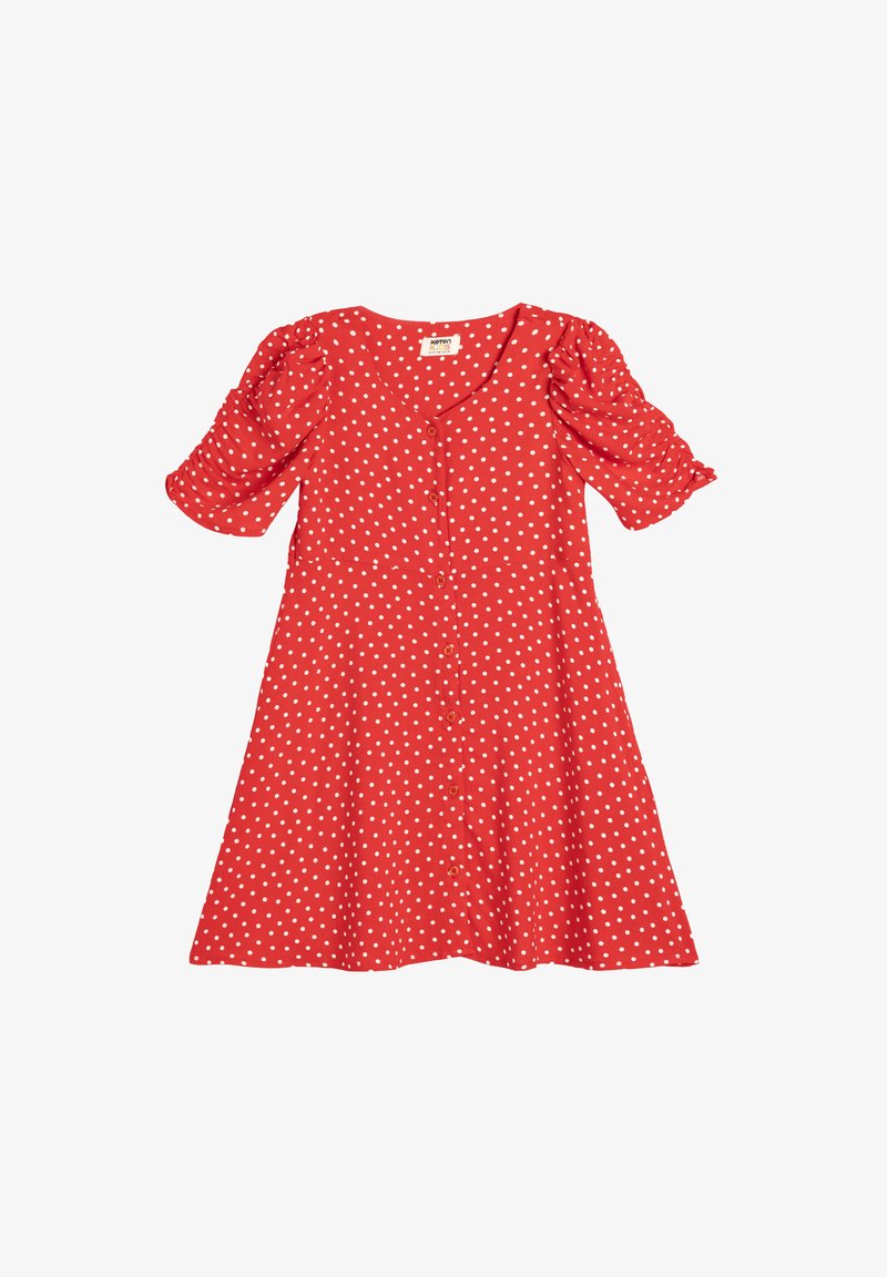 Robe rouge à pois avec des manches bouffantes courtes. Elle présente un devant à boutons et une jupe évasée. Fabriquée en tissu léger avec une texture lisse.