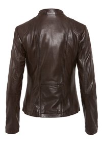 Braune Lederjacke mit taillierter Form, hohem Kragen und Nahtdetails. Glatte Textur, lange Ärmel und strukturierte Silhouette.