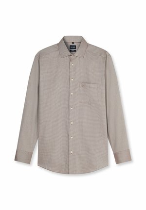 Beige overhemd met lange mouwen en klein ruitpatroon, knoopsluiting aan de voorkant, borstzak en puntige kraag, weergegeven op een witte achtergrond.