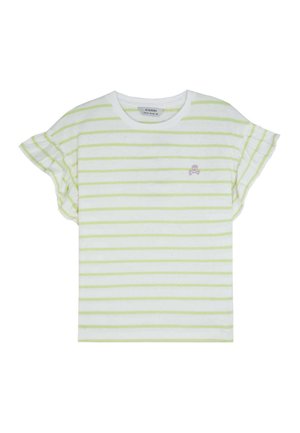White t-shirt with light green horizontal stripes, short ruffled sleeves, and a small purple skull logo on the chest. Soft cotton material.