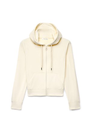 Felpa con cappuccio color crema con zip, tasche frontali e coulisse, mostrata su sfondo bianco.