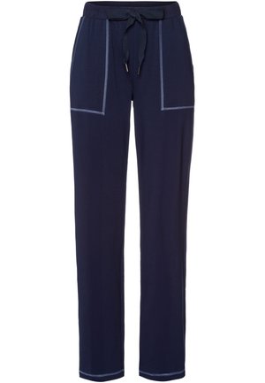 Pantaloni lounge blu navy con vita regolabile, due tasche frontali e cuciture a contrasto lungo le tasche e gli orli. Realizzati in tessuto morbido.