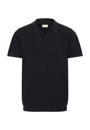 Marineblaues Poloshirt mit kurzen Ärmeln und V-Ausschnitt, aus weichem Stoff, mit klassischem Kragen und sauberem, minimalistischem Design.
