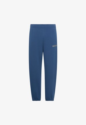 Pantalon de jogging bleu à taille élastique avec chevilles resserrées et petit patch logo rectangulaire sur la cuisse droite.
