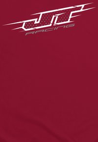 Červené tričko s hladkým povrchem, s bílým a šedým logem "JTF Racing" s tečkovaným vzorem a dynamickými liniemi v levém horním rohu.