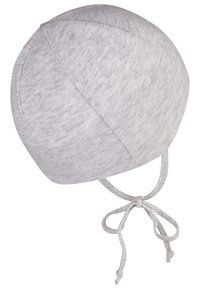 Gray cotton hat with a smooth texture, rounded shape, and a drawstring tie at the back. Features a subtle heather pattern.