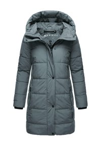 Gray puffer coat with a hood, featuring a zip and button closure, quilted design, side pockets, and ribbed cuffs for added warmth.
