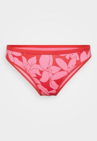Red bikini bottom featuring a floral pattern in light pink, made from smooth material with a medium waist and elastic waistband.
