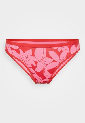 Rode bikini-bottem met een bloemenpatroon in lichtroze, gemaakt van een gladde stof met een gemiddelde taille en een elastische tailleband.