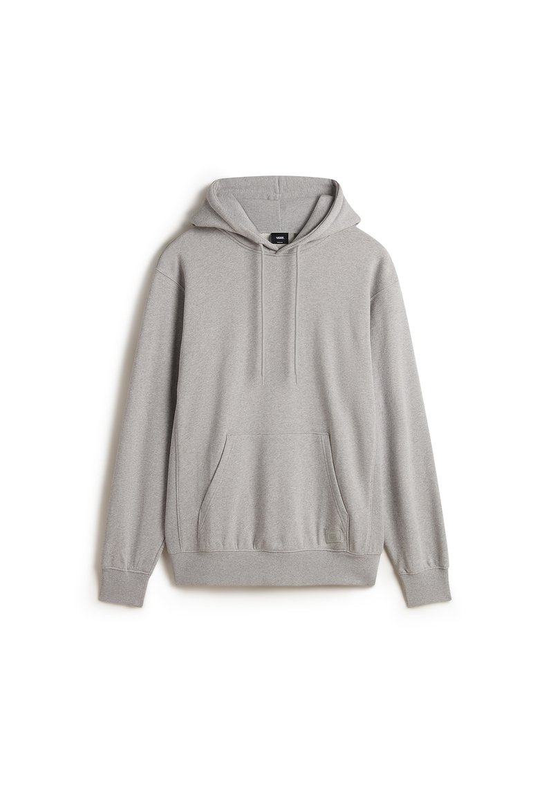 Gray hooded sweatshirt made of soft fabric. Features a front pocket, ribbed cuffs, and hem, with drawstrings at the hood.