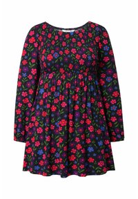 Kwiatowa sukienka z czarnym tłem, ozdobiona czerwonymi, niebieskimi i zielonymi kwiatami. Długie rękawy i marszczony gorset, zwiewna spódnica. Lekki materiał.