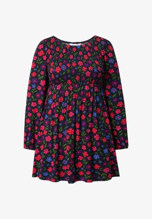 Abito floreale con sfondo nero e fiori rossi, blu e verdi. Maniche lunghe e corpino arricciato, gonna fluida. Tessuto leggero.