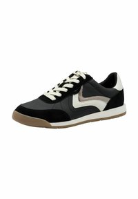 Black and white athletic shoe with a suede and synthetic upper, featuring a round toe, cream laces, and a brown rubber sole.