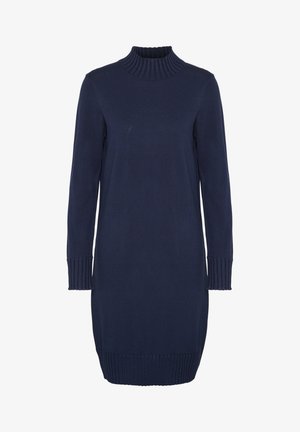 Dámske pletené šaty v námorníckej modrej farbe s rebrovaným polozapínacím golierom, dlhými rukávmi a rebrovanými nápletmi. Majú rovný strih a mäkkú textúru.