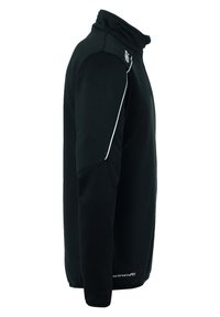 Giacca atletica nera con colletto alto, texture morbida e cuciture bianche a contrasto lungo le spalle e le cuciture laterali.