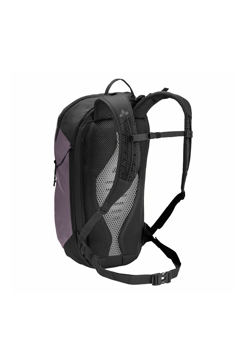 Sac à dos compact noir et violet avec dos en mesh rembourré, bretelles réglables, sangle de poitrine et boucle de taille, vu de profil.