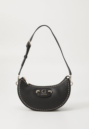 Black leather handbag with a curved shape, gold accents, and stitched detailing. Features a zip closure and an adjustable shoulder strap.