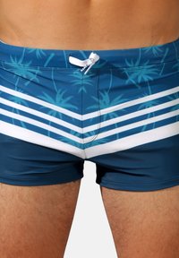 Shorts de bain avec une palette de couleurs bleues, un motif de palmiers et des rayures diagonales blanches ; fabriqués en tissu lisse et extensible.