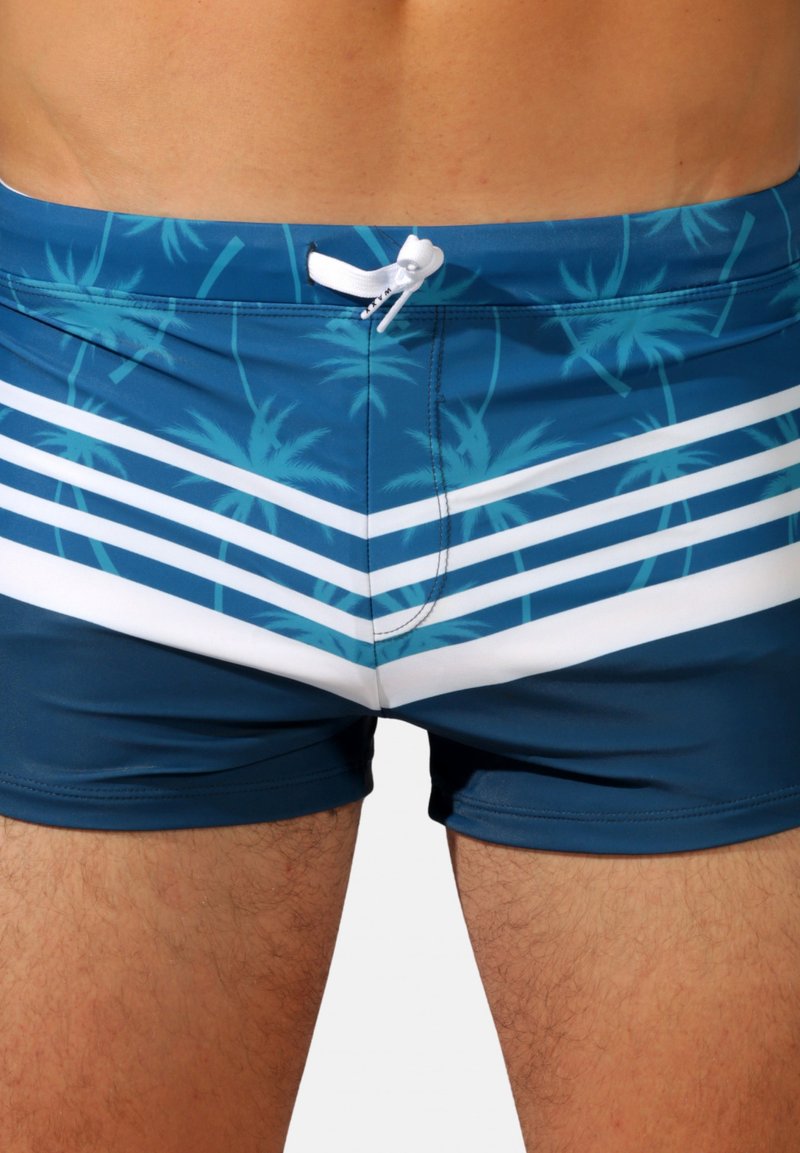 Shorts de bain avec une palette de couleurs bleues, un motif de palmiers et des rayures diagonales blanches ; fabriqués en tissu lisse et extensible.
