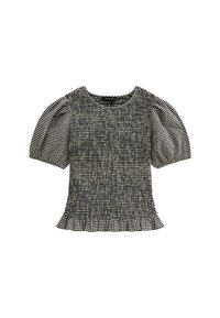 Black-and-white checkered blouse with a smocked body, short puffed sleeves, and a ruffled hem. Made from lightweight, textured fabric.