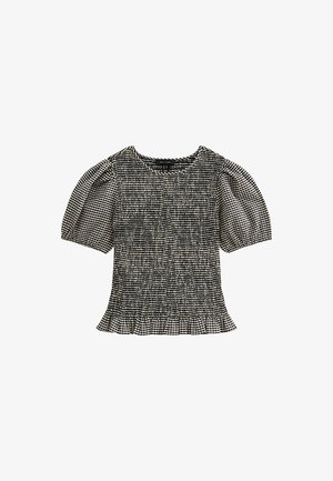 Zwart-wit geruite blouse met een smock-lichaam, korte pofmouwen en een gerimpelde zoom. Gemaakt van lichtgewicht, gestructureerde stof.