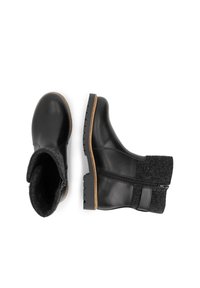 Zwarte leren enkellaarzen met een vilten bovenkant, zijrits en rubberen zool. Heeft een gestructureerde grijze binnenkant en contrasterende stiksels.