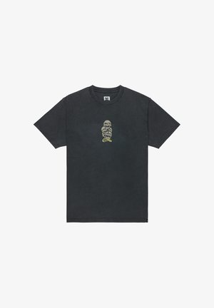 T-shirt en coton gris foncé avec un petit imprimé graphique coloré d'un personnage sur la poitrine, à manches courtes et col rond.