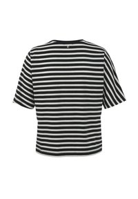 Zwart-witte gestreepte t-shirt met korte mouwen, een ronde hals en een iets verkorte snit. Heeft een klein detail bij de achterkant van de hals.