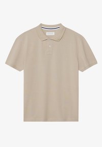 Beige polo shirt made of textured fabric, featuring a classic collar, three-button placket, and subtle navy and white stripe detail beneath collar.