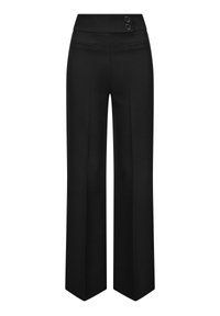 Pantalones negros de talle alto y pierna ancha con dos botones delanteros y dos bolsillos horizontales delanteros con abertura.