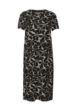 Schwarzes und beiges knielanges Kleid mit kurzen Ärmeln und abstraktem floralen Muster, das den gesamten Stoff bedeckt.