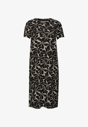 Sort og beige knælængde kjole med korte ærmer og abstrakt blomsterprint, der dækker hele stoffet.