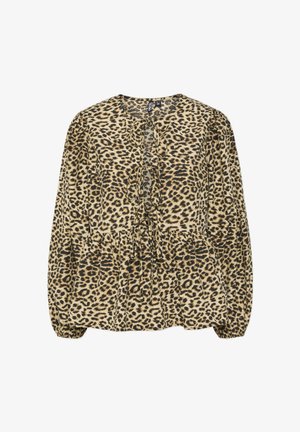 Blūze ar leoparda rakstu, ar apaļu kakla izgriezumu, garām piedurknēm un savilkta jostasvietā. Izgatavota no viegla, gluda auduma ar plūstošu dizainu.