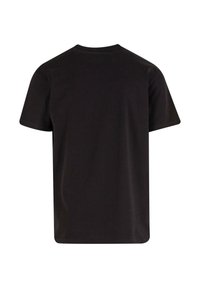 Schwarzes Baumwoll-T-Shirt mit rundem Halsausschnitt, kurzen Ärmeln und einer glatten Textur. Es hat ein einfaches, schmuckloses Rückendesign.