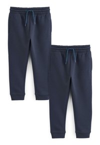 Zwei Paar dunkelblaue Sweatpants mit elastischen Taillenbündchen und Kordeln, seitlichen Taschen und gerippten Bündchen an den Beinen.
