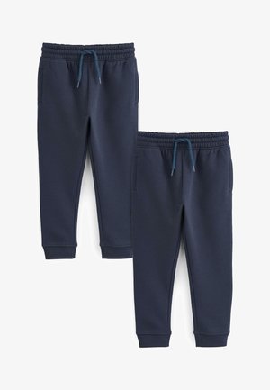 Zwei Paar dunkelblaue Sweatpants mit elastischen Taillenbündchen und Kordeln, seitlichen Taschen und gerippten Bündchen an den Beinen.