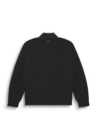 Chaqueta negra con cuello, puños elásticos y dobladillo acanalado. Tejido suave con un diseño simple y minimalista. Sin hardware o acentos visibles.