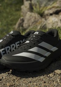Черни спортни обувки с бели ивици и текст "TERREX", поставени на чакъл на открито с размазани камъни и трева на заден план.